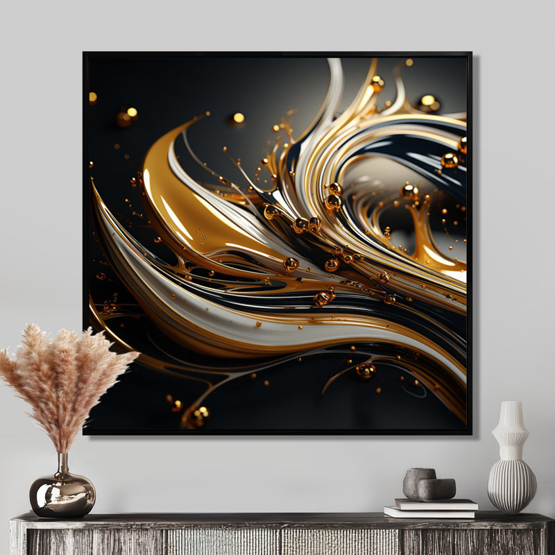 Futur salon art liquide or vif - art mural vagues, Toile avec cadre flottant noir, H 16 po x l 16 po x P 1 po