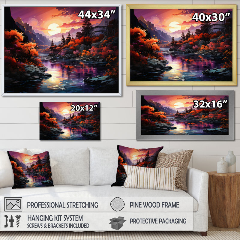 Reproduction d'art sur toile, "Pink Bridge Twilight Passage I", Cadre flottant brun, H 30 po x l 40 po x P 1,5 po