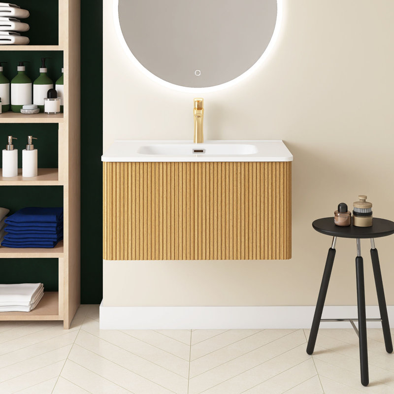 Meuble-lavabo flottant rayé 30 po avec lavabo en céramique blanche, Chêne naturel