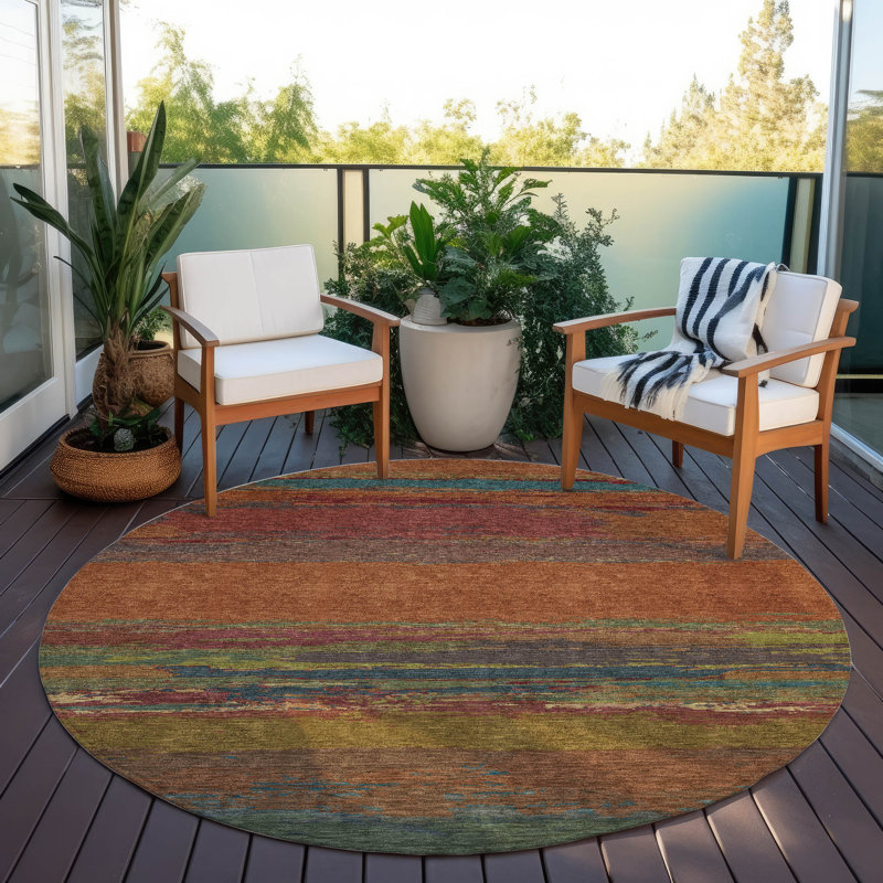 96'' Terracotta and Beige Synthetic Round Washable Rug