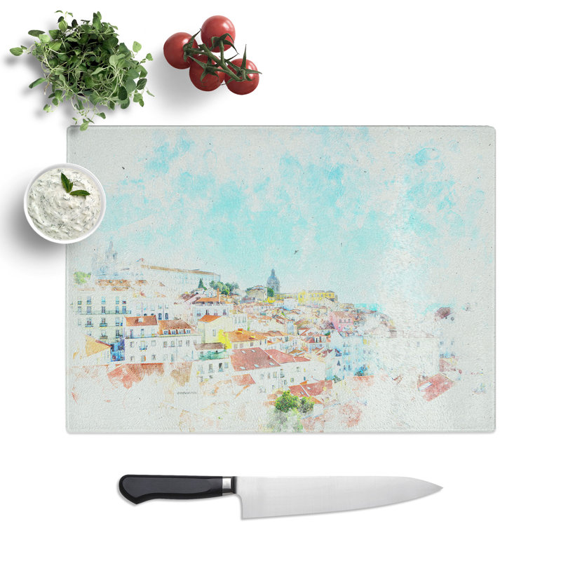 Tempered Glass Skyline of Alfalma Lisbon Portugal Chopping Board, 20 cm x 28.5 cm