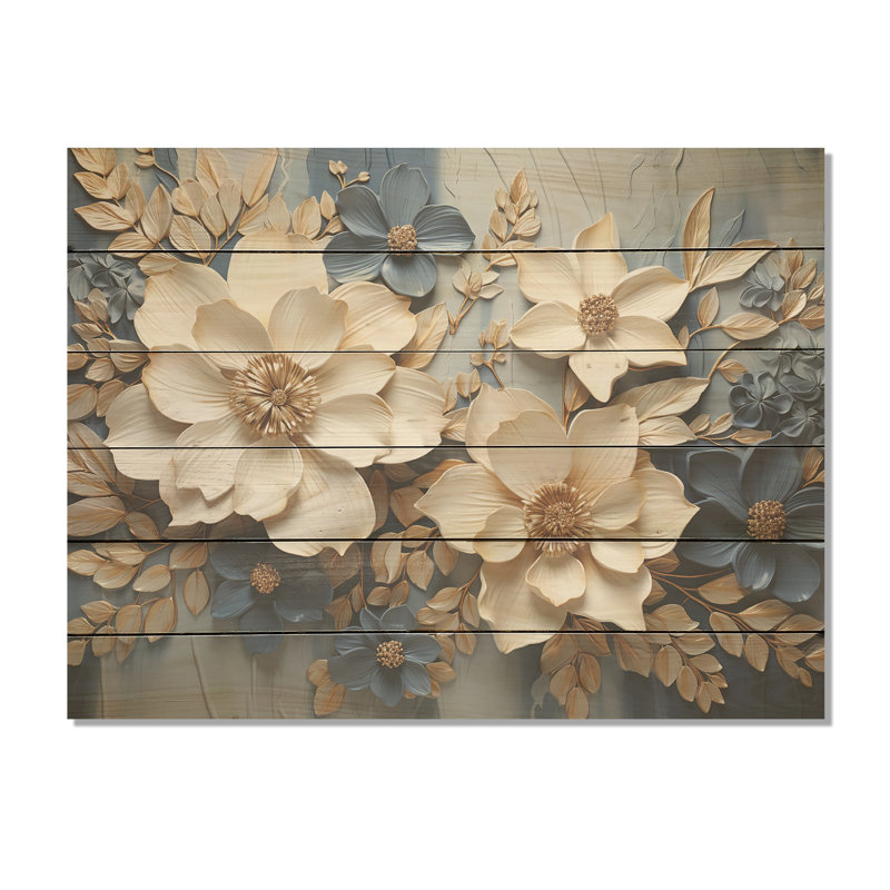 Composition de fleurs saisonnières beiges et bleues - Art saisonnier sur bois de pin naturel, H 24 po x l 32 po