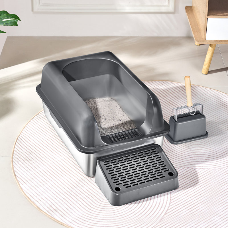 Bac à litière pour chat, 15 cm de profondeur, très grand format (XL) en acier inoxydable avec pelle, large tapis filtrant et bords hauts, bac fermé, sans odeur et facile à nettoyer, compatible avec les grands chats.