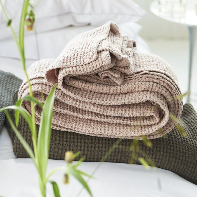 Alba Oversized Heavy-Knit Waffle Weave Cotton Bed Throw, Blossom, King/California King