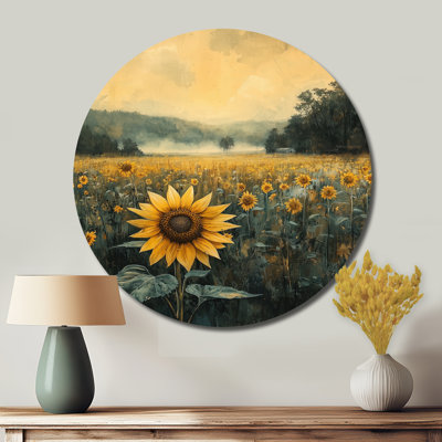 Tournesols sur une ferme brumeuse - tournesols, décoration murale en métal jaune traditionnel