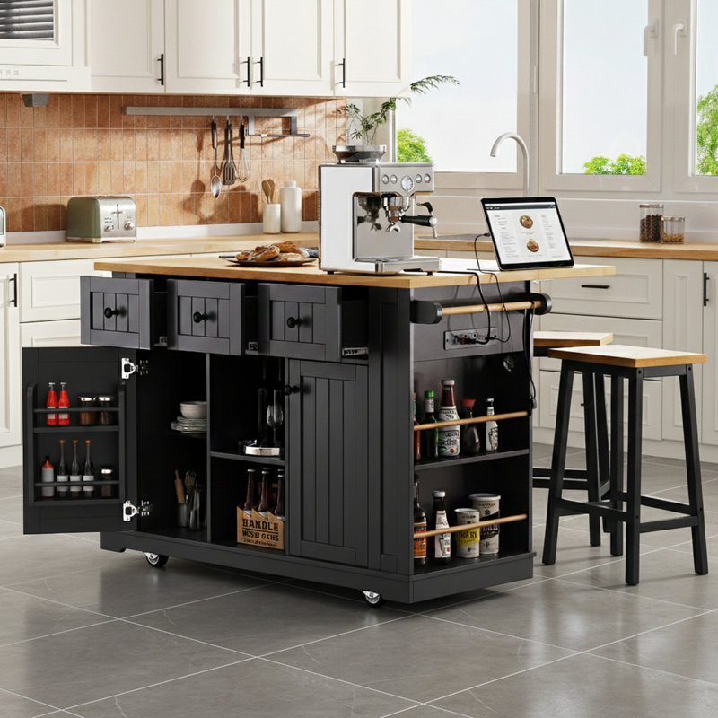 Open Side Racks Kitchen Island With Drop Leaf And Power Outlet, Black