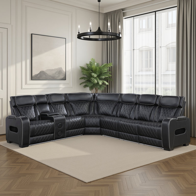 Annitra 128" Modern & Contemporary 3-Piece Faux Leather Power Sectional Sofa with Ultimate Drop-Down Console, Wireless Charging and Dual Power Reclining & Adjustable Headrests