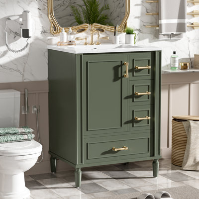 Meuble-lavabo simple 24 po, meuble-lavabo compact, comptoir en céramique, quincaillerie dorée, style rétro, salle de bain