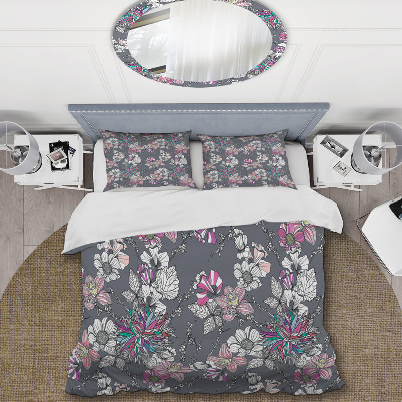 Grey Flowers - Floral Duvet Cover Set - Microfiber Polyester, Queen Duvet Cover + 2 Standard Shams