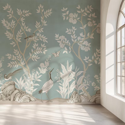 Elegant Blue Botanical Garden Wall Mural With Birds, Floral Trees And Nature Landscape Design