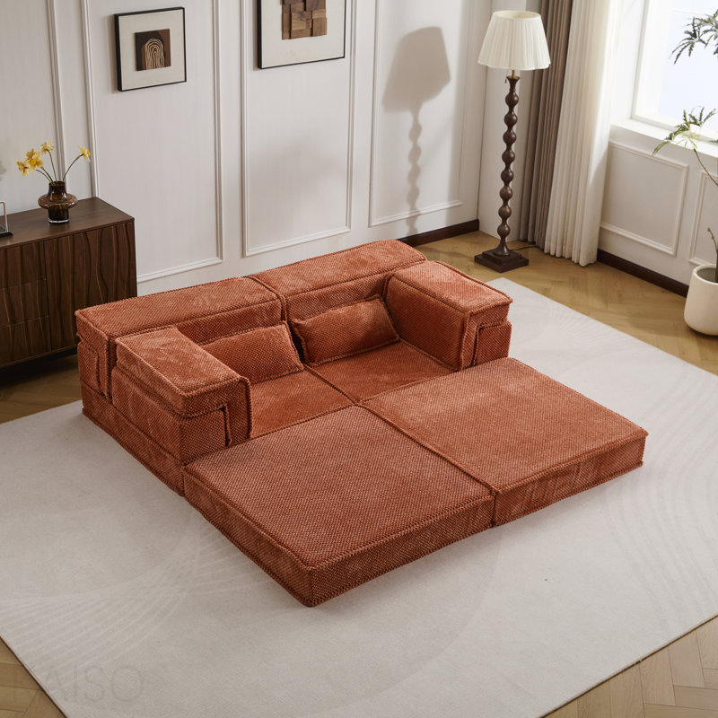 Canapé à compression Mahjong, canapé-lit convertible au sol, canapé modulaire modulaire désossé Diy, aucun assemblage requis, tissu polaire circulaire, causeuse moderne surdimensionnée, orange