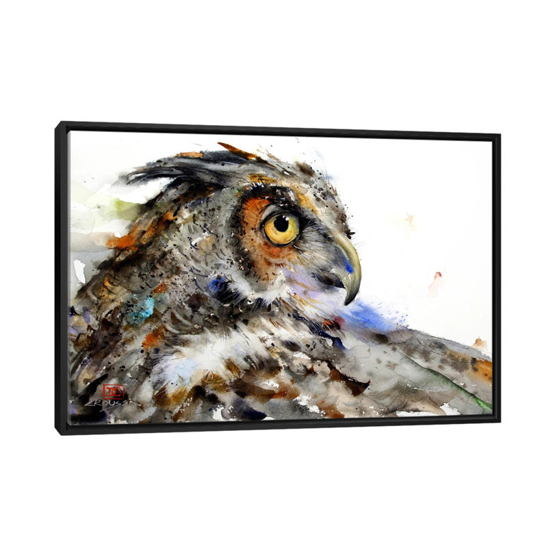 «Owl II», peinture sur toile tendue, H 18 po x l 26 po x P 1,5 po, Toile encadrée noire, Pas de tapis