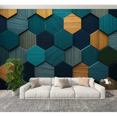 Papiers peints futuristes à peler et coller, palette de couleurs vibrantes hexagonales en bois bleu sarcelle et or, 69 po x l 96 po, papier peint amovible en PVC, autocollant pour chambre à coucher, bureau à domicile