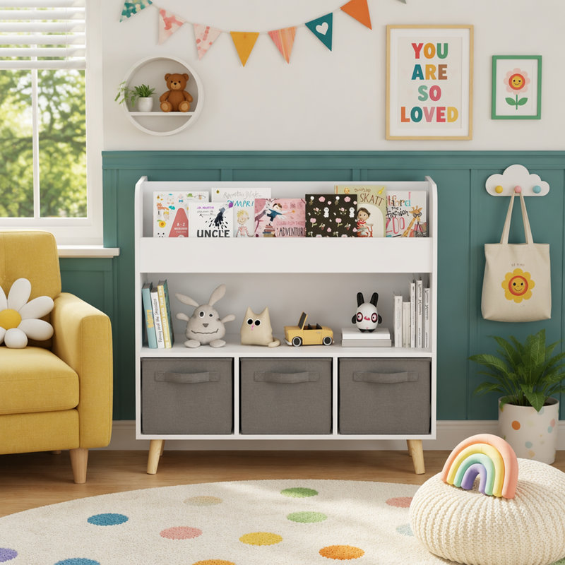Bibliothèque pour enfants avec 3 bacs en tissu, bibliothèque pour enfants et jouets moderne, tablette de rangement pour tout-petits