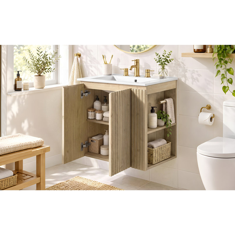 Meuble-lavabo mural de 61 cm (24 po) avec lavabo en céramique, armoire à 2 portes, tablette réglable en forme de U, charnières à fermeture douce, poignées dissimulées et rangement latéral ouvert