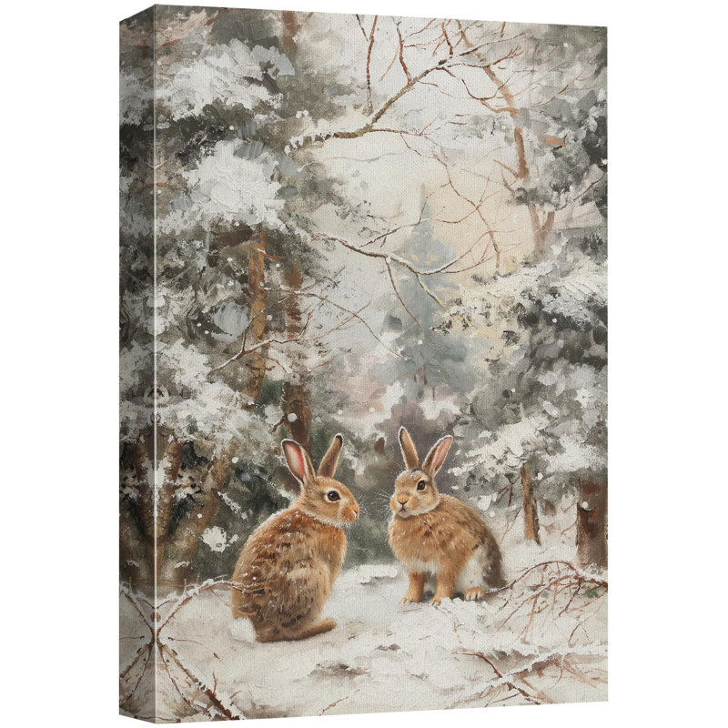 Paisible forêt d'hiver avec adorables lapins bruns dans un paysage enneigé, art moderne chaleureux, Toile tendue