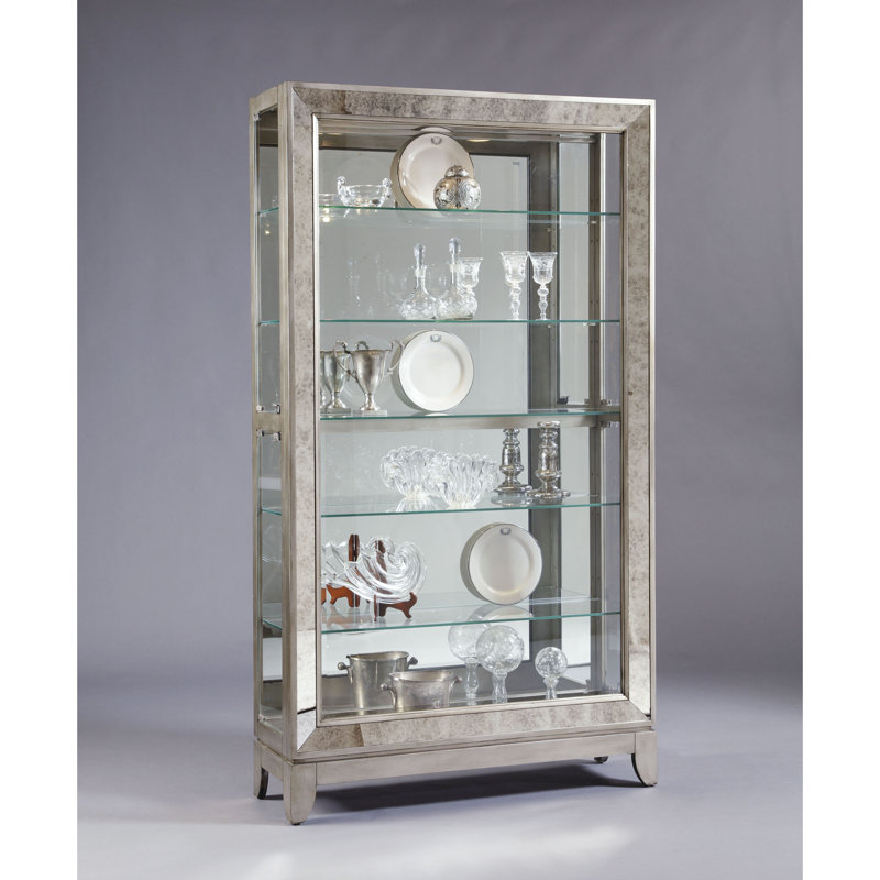 Aged Silver Lighted 5-Shelf Curio Cabinet with Poplar Wood Legs