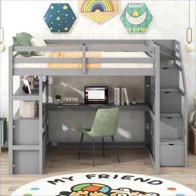 Cool Gray Solid Pine Full Size Platform Loft Bed with Integrated Desk, Shelves and Storage for Residential Bedrooms
