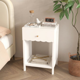 Table de chevet avec tiroir et tablette ouverte, table de chevet mignonne à bords festonnés pour chambre de filles, table de bout en bois moderne, décor de chambre Coquette et BCBG pour chambre à coucher, dortoir