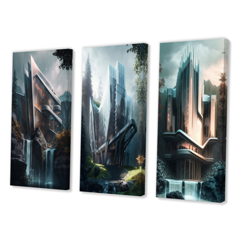 «Futuristic Architectural Brilliance», 3 pièces sur toile, Toile tendue, H 28 po x l 36 po