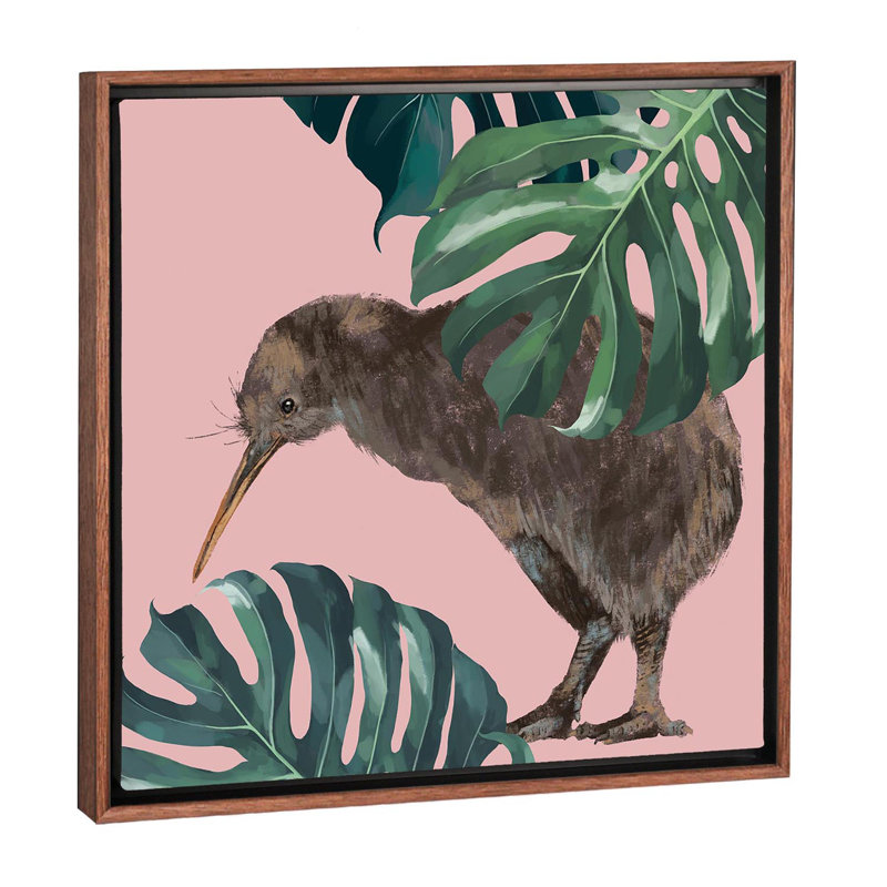 Kiwi oiseau avec monstera art, H 26 po x l 26 po x P 1,5 po, Toile avec cadre en bois classique