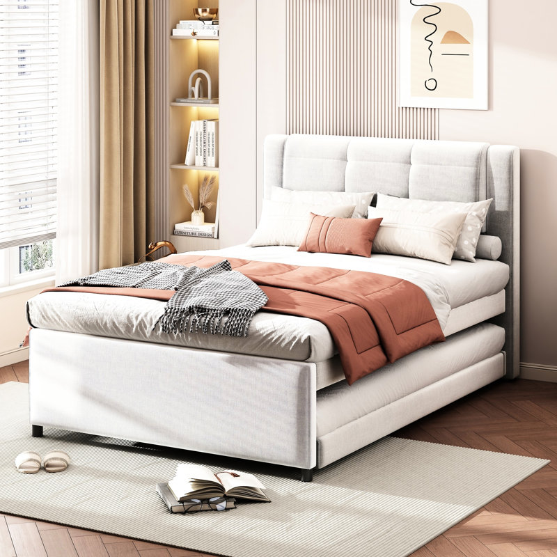 Lit plateforme double avec lit gigogne beige. Bois de pin et fabrication. Tête de lit pour un sommeil confortable. Pas de sommier tapissier. Lin beige simple à assembler. Construire. Good Night's Rest. Facile à utiliser