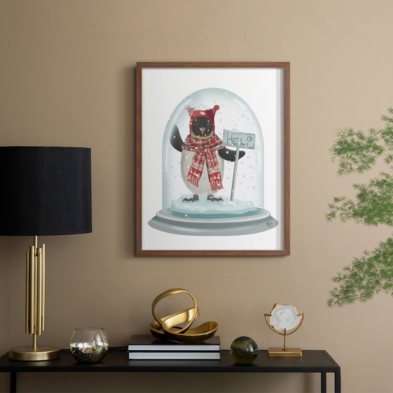 «Christmas Penguin Snow Globe», reproduction encadrée - bois massif, H 15 po x l 12 po, Noyer