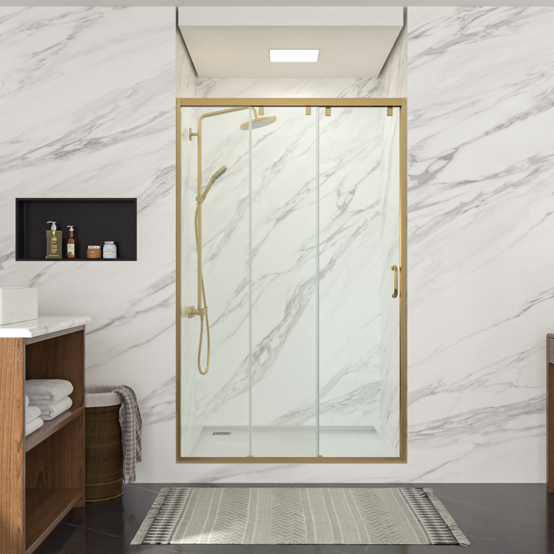 Porte de douche à porte coulissante triple avec porte en verre trempé l 48 po x H 76 po, Doré