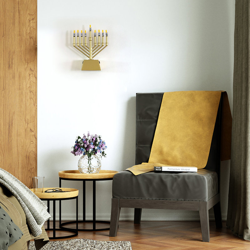  Wall Mount 9-branch Hanukkah Menorah With Led Candles Illuminated Display Contemporary Decorative Accent Judaica Centerpiece And Meaningful Gift For Hanukkah Celebrations, V-shape Gold