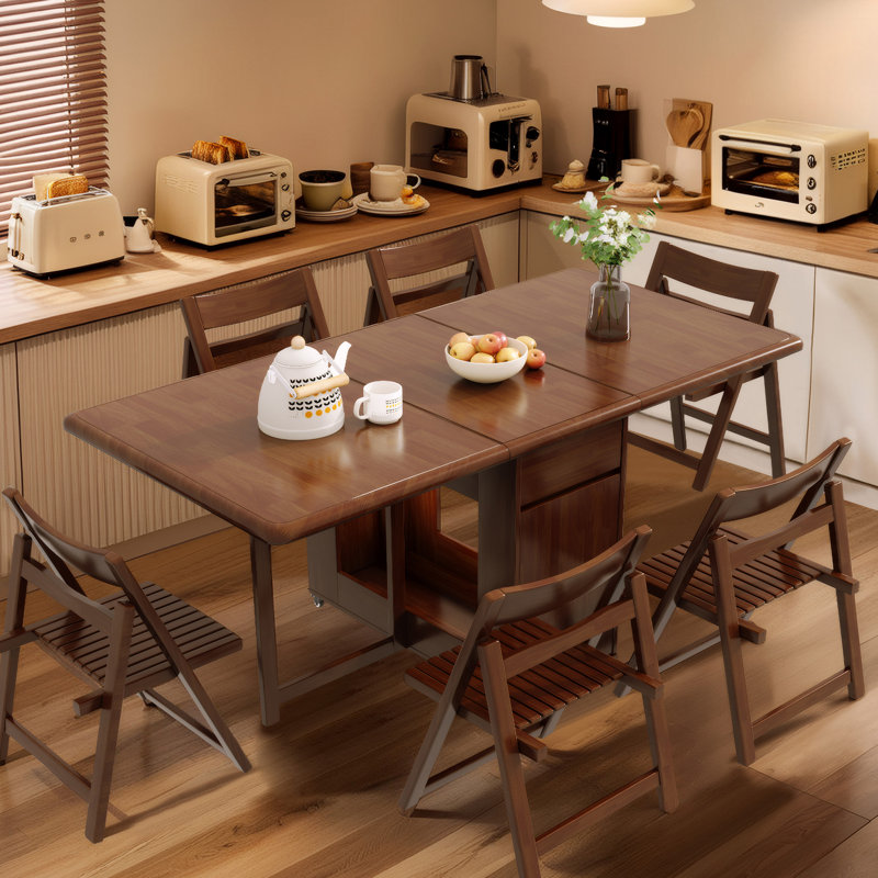 Space Saving Folding Dining Table, Walnut Solid Wood with Casters and Multi-Drawer Storage（Without Chairs）