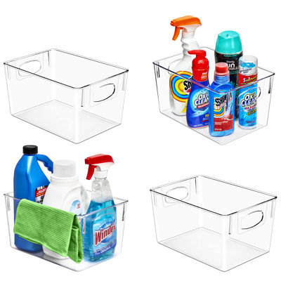 Rebrilliant 4 Pack Medium Storage Bins Clear Plastic Organizer Container Holders with Handles for Bathroom, Laundry, Kitchen, and Pantry