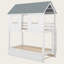 Lit simple superposé simple avec lit gigogne, toit et fenêtre, structure en bois massif avec garde-corps, style maisonnette pour enfants, finition blanche et grise