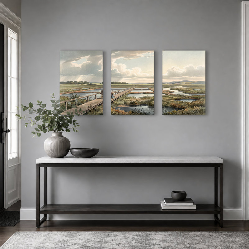 Ensemble de 3 toiles murales vintage représentant un couple marchant sur un pont en bois dans un marais, 30"H x 20"W x 3pcs