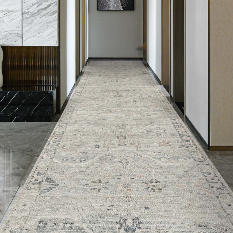 Hand Knotted Wool Floral Area Rug in Light Blue/Ivory/Light Gray, Runner 2'6" x 12'
