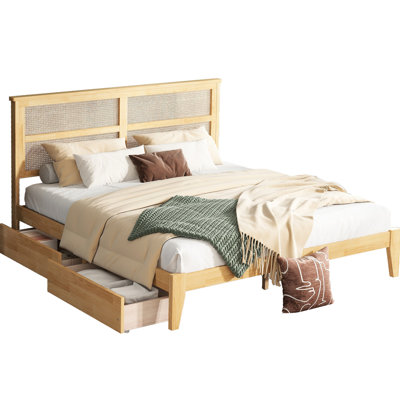 King Size Bed With Fascinating Woven Headboard And Two Practical Storage Units Drawers Functional