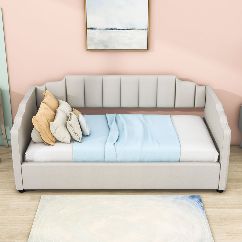 Lit de jour rembourré avec rangement inférieur, Double, Beige