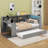 Twin Size Platform Bed With Shelves And Trundle, Wood Daybed With Charging Station, LED, Desk And Upholstered Headboard-1405763456