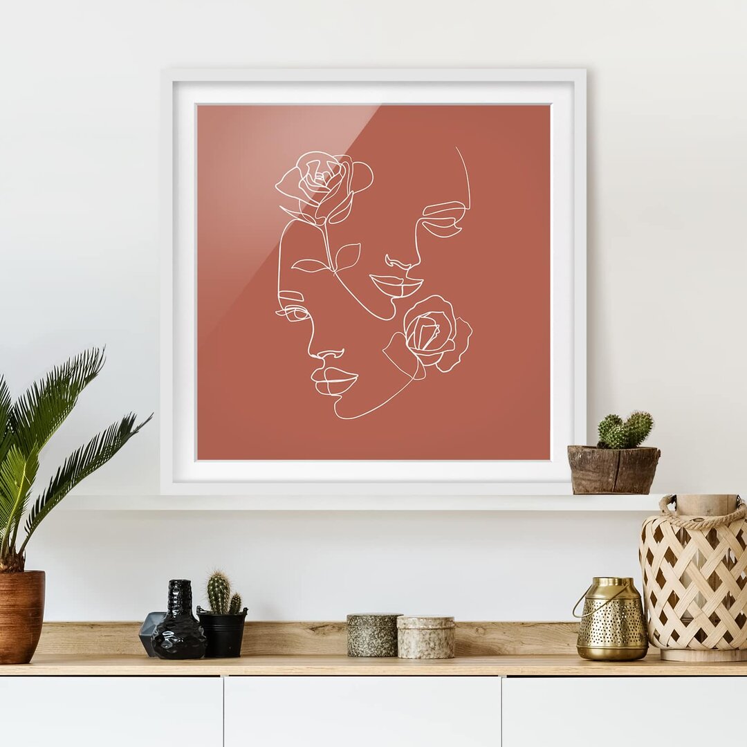 Gerahmtes Poster Line Art Faces Women Roses Copper