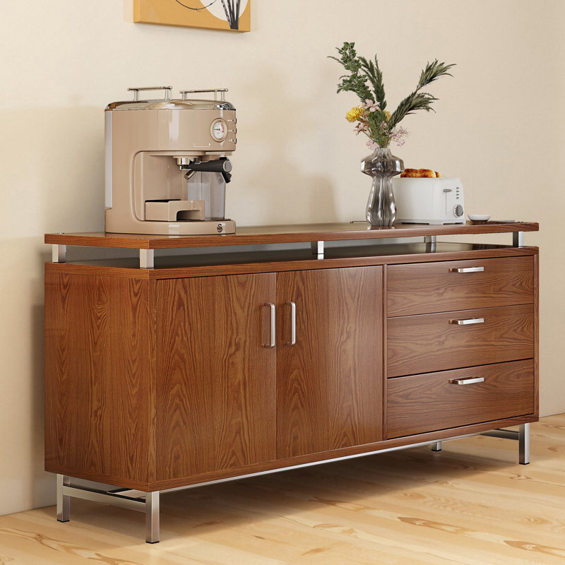 Buffet rectangulaire de 59 pouces avec pieds en acier inoxydable, 3 tiroirs de rangement et armoire à deux portes avec tablettes