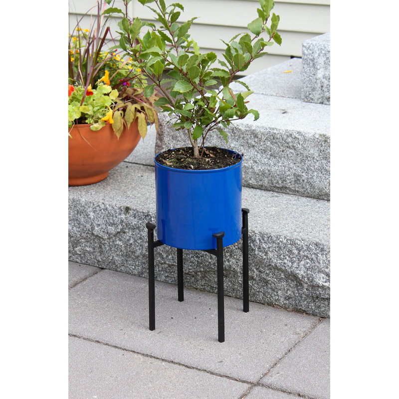 French Blue Galvanized Steel Planter with Black Wrought Iron Stand