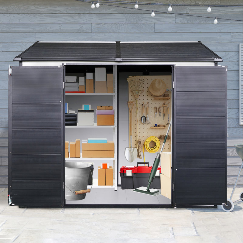 8*6 Ft Resin Shed For Patio Use - Waterproof With Lockable Door & Ventilation Grey White 8X6 Ft Garden Two Air Vents Floor
