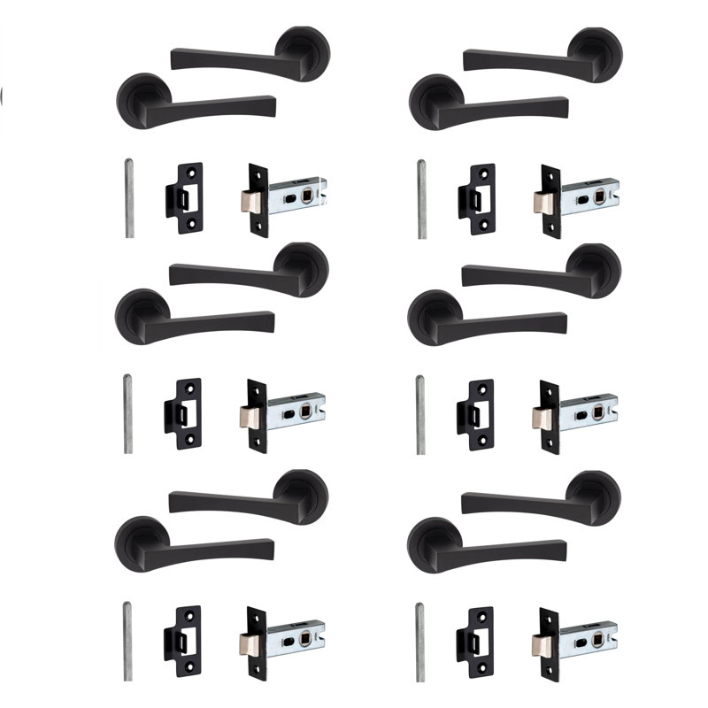  6 Pairs Wave Design Door Handles in Matt Black Finish on Round Rose with 2.5" Tubular Latch - 52mm Diameter