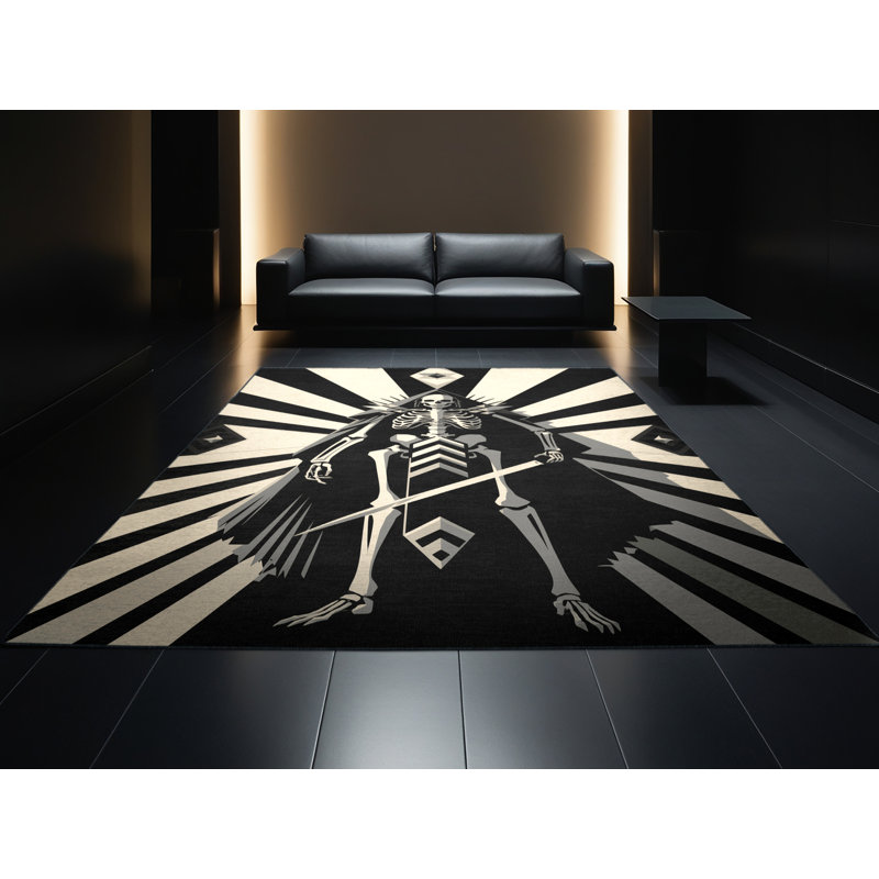 Tapis géométrique gris-noir lavable à la machine Cilegon, 7 x 9