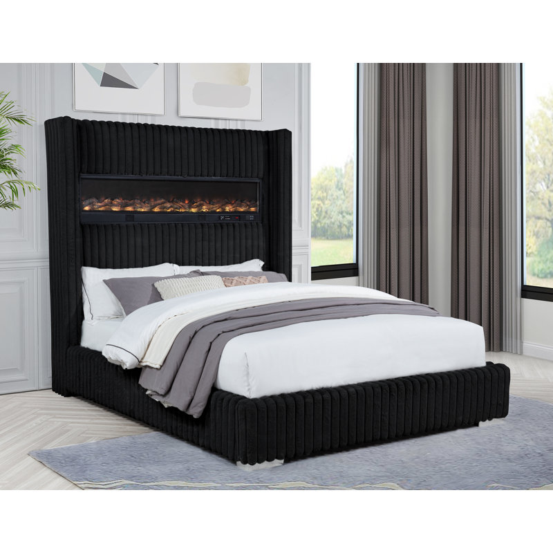 Upholstered Deluxe Fireplace High Headboard Bed, King, Black