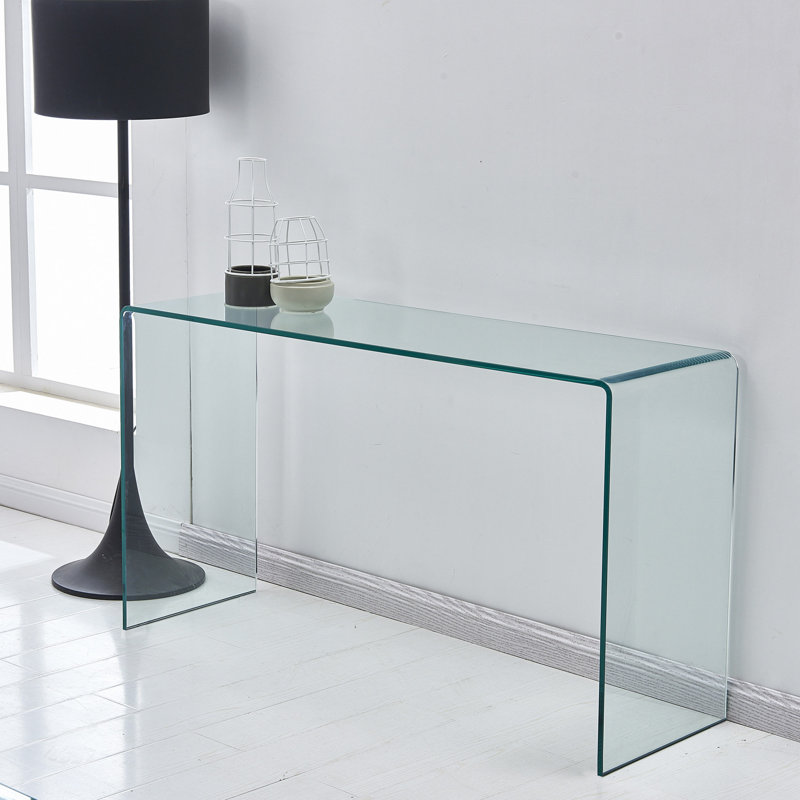 Console en verre, console en verre trempé transparent avec bureaux à bords arrondis, table de canapé