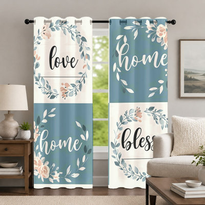 2Pcs Floral Wreath Letter Pattern Curtains, Rustic Style Curtain, Countryside Theme Typography Print Grommet Drapes, Window Treatment for Bedroom Living Room Decor
