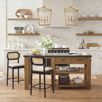 Jacindo Coastal Solid Wood Barstool With Rattan Backrest and Removable Padded Cushion