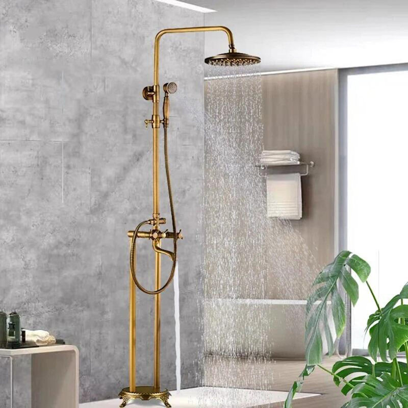 Floor Mounted Tub Spout with Diverter and Handshower, Antique Brass