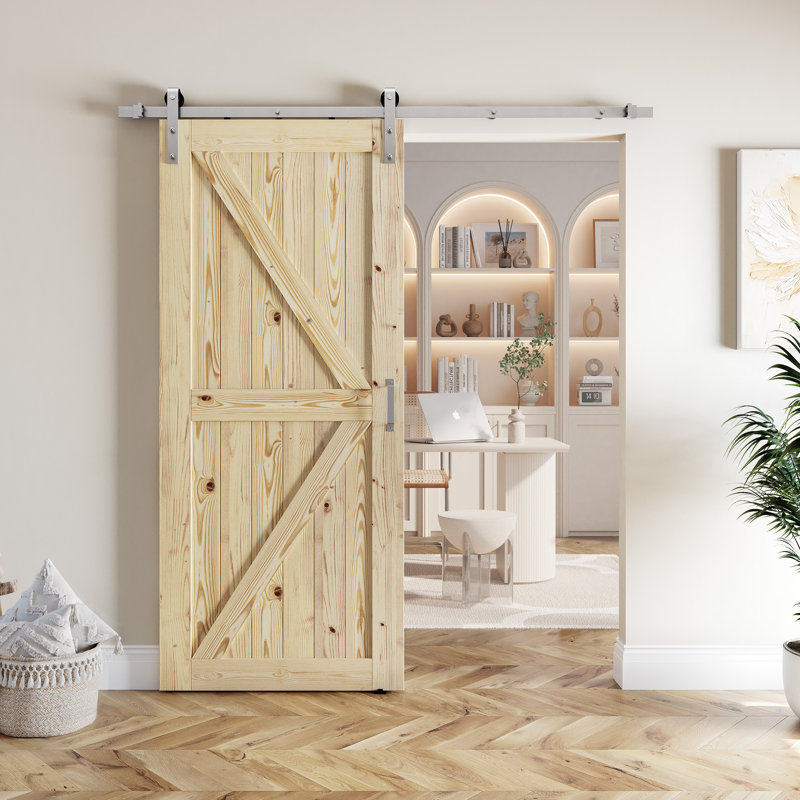 Porte de grange à panneaux en bois massif sans finition avec quincaillerie en nickel brossé, 28 po x 80 po