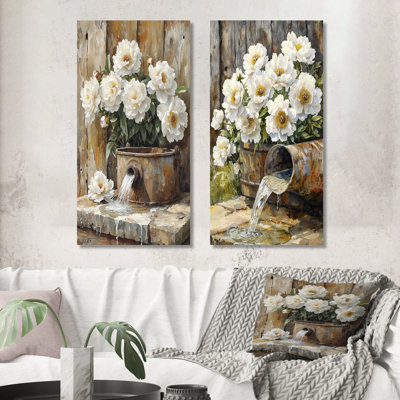 Pivoines par l'arrosage I - décoration murale en toile florale 2 panneaux